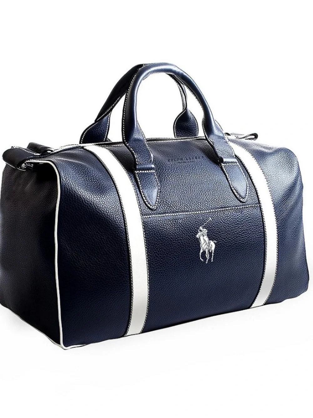 Classic !Ralph Lauren Navy and White Polo Large Vegan Leather Duffel Bag